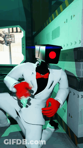 Man In White Suit With Red Bow Tie And Red Head Light GIF