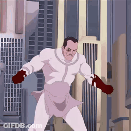 Man In White Superhero Costume Standing In Front Of City GIF
