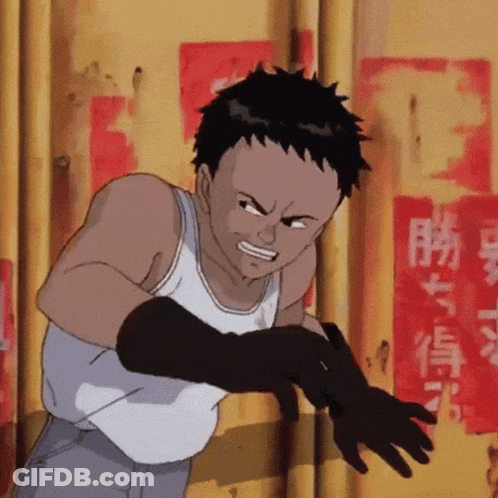 Man In White Tank Top And Black Gloves In Front Of Wall With Chinese Writing GIF