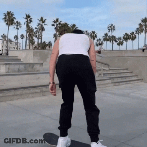 Man In White Tank Top, Black Pants Skateboarding GIF