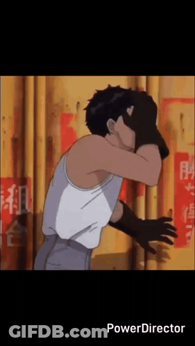 Man In White Tank Top Covering Face With Black Gloves GIF