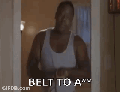 Man In White Tank Top Holding Belt Saying Belt GIF