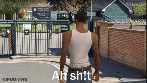 Man In White Tank Top In Front Of Langdon Academy GIF