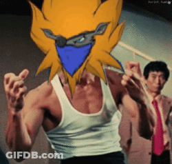 Man In White Tank Top With Cartoon Character On Head GIF