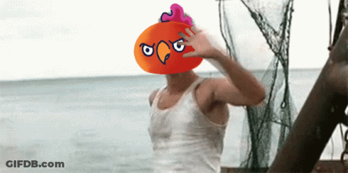 Man In White Tank Top With Orange Chicken Head GIF