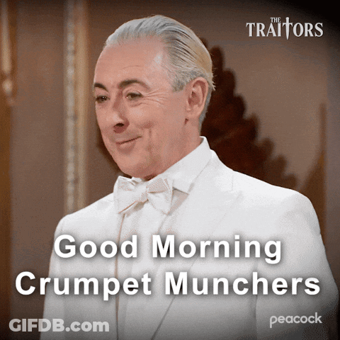 Man In White Tuxedo And Bow Tie Saying Good Morning Crumpet Munchers GIF