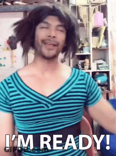 Man In Wig And Blue Striped Shirt Says I'm Ready GIF