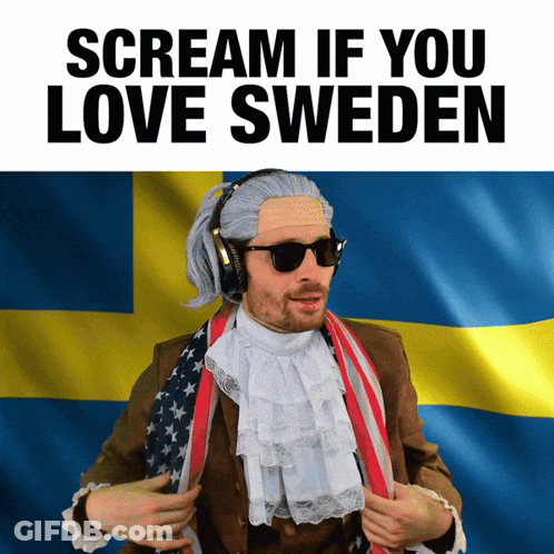 Man In Wig And Headphones Before Swedish Flag Says Scream If You Love Sweden GIF