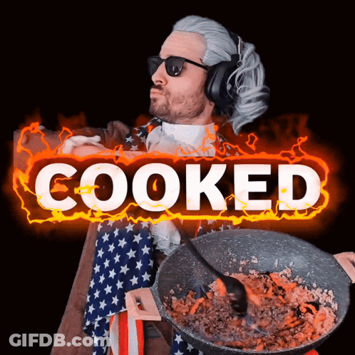 Man In Wig And Headphones Holding Pan Of Food GIF