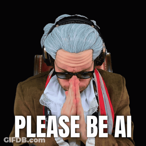 Man In Wig And Headphones Prays Saying Please Be AI GIF