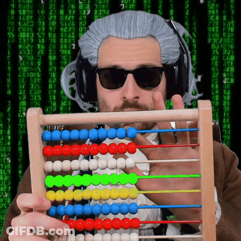 Man In Wig And Sunglasses Holding Abacus GIF