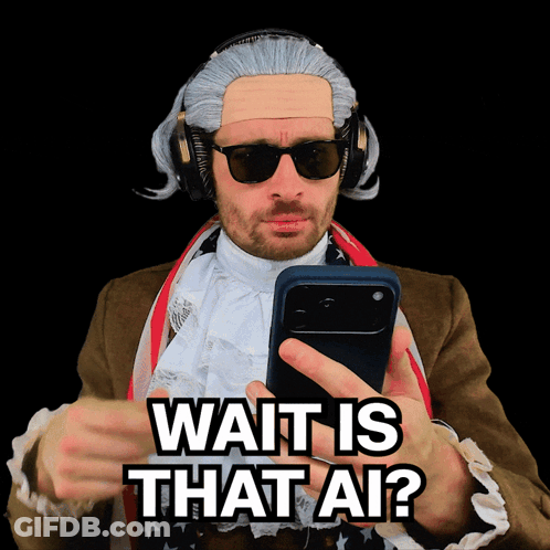 Man In Wig And Sunglasses Holding Cell Phone Saying Wait Is That AI GIF