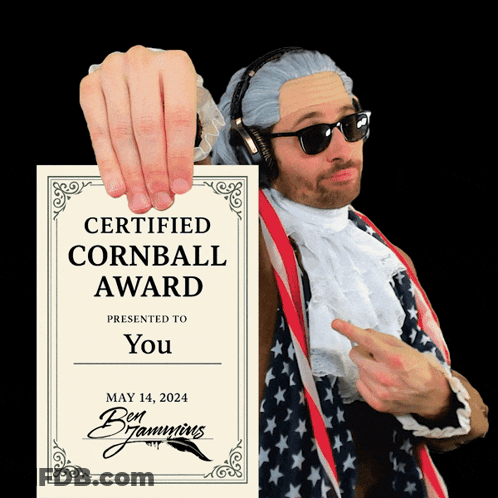 Man In Wig And Sunglasses Holding Certified Cornball Award Certificate GIF