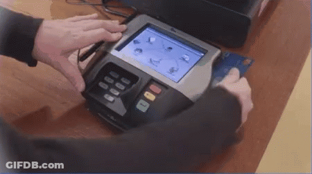 Man In Wig And Sunglasses Holding Credit Card GIF