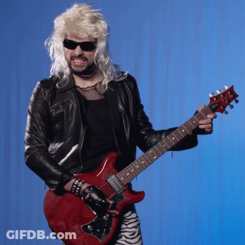 Man In Wig And Sunglasses Holding Guitar GIF