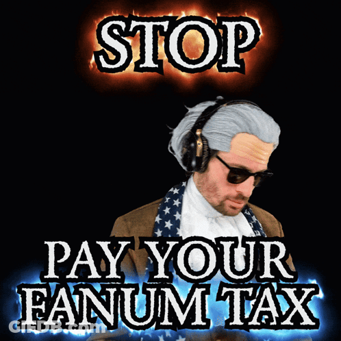 Man In Wig And Sunglasses Holding Hand Up Saying Stop Pay Your Fanum Tax GIF