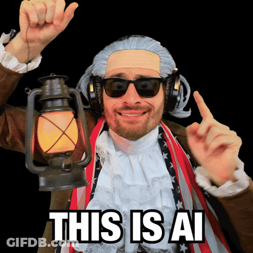 Man In Wig And Sunglasses Holding Lantern Saying This Is AI GIF