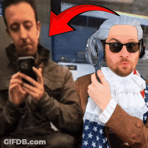 Man In Wig And Sunglasses Holding Magnifying Glass, Another Man On Phone GIF