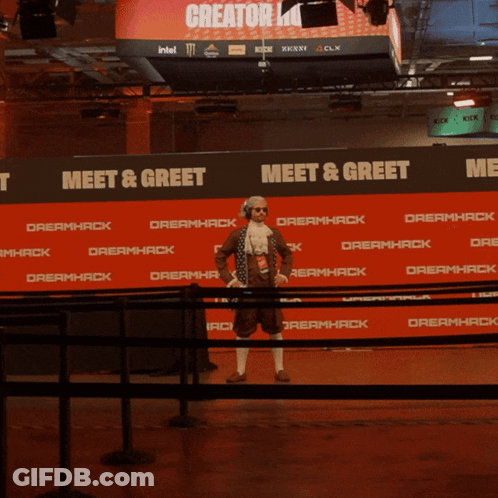 Man In Wig And Sunglasses In Front Of Dreamhack Sign GIF