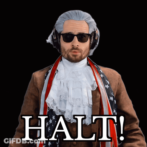 Man In Wig And Sunglasses In Front Of Halt GIF