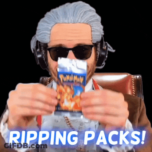 Man In Wig And Sunglasses Ripping Pokemon Cards GIF