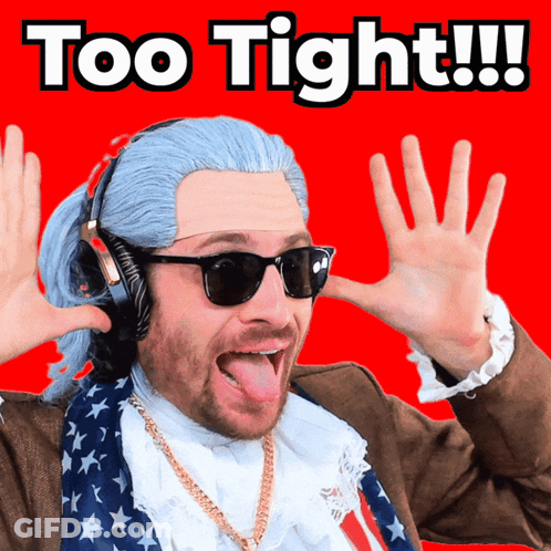 Man In Wig And Sunglasses Says Too Tight GIF