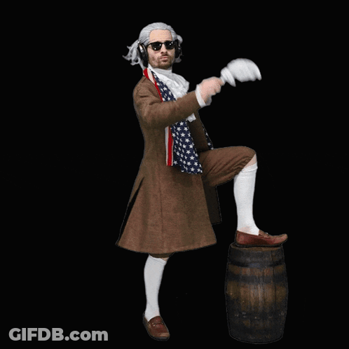 Man In Wig And Sunglasses Standing On Barrel Waving GIF