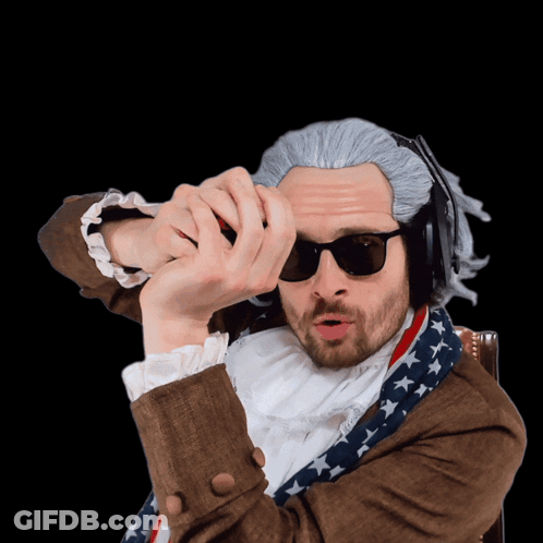 Man In Wig And Sunglasses Using Binoculars And Headphones GIF