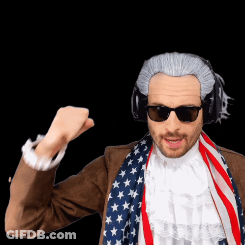 Man In Wig And Sunglasses With American Flag Scarf GIF