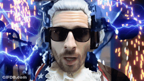 Man In Wig And Sunglasses With Blue Lightning Background GIF