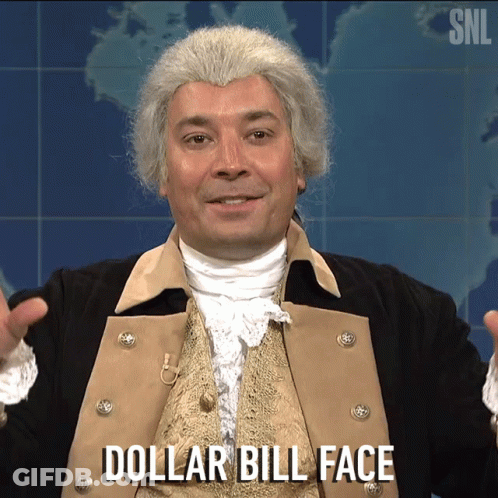 Man In Wig And Vest Saying Dollar Bill Face GIF