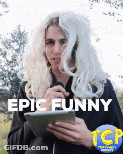 Man In Wig Holding Tablet Saying Epic Funny GIF