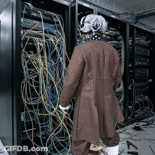 Man In Wig In Front Of Server Rack With Cables GIF