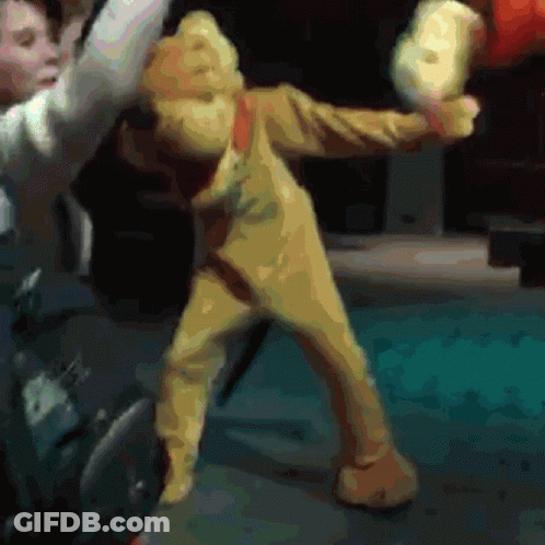Man In Winnie The Pooh Costume Holding Stuffed Animal GIF