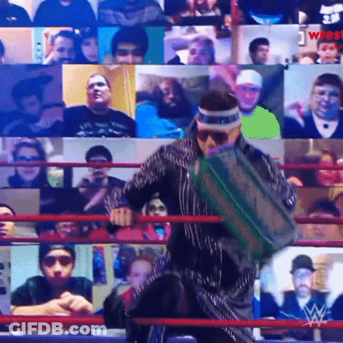 Man In Wrestling Ring Surrounded By Collage Of People GIF