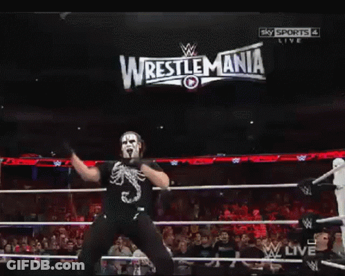 Man In Wrestling Ring With Wrestlemania Sign GIF