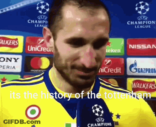 Man In Yellow And Blue Jersey Says Tottenham History GIF