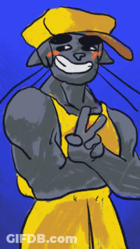 Man In Yellow Hat And Shorts Giving Peace Sign GIF