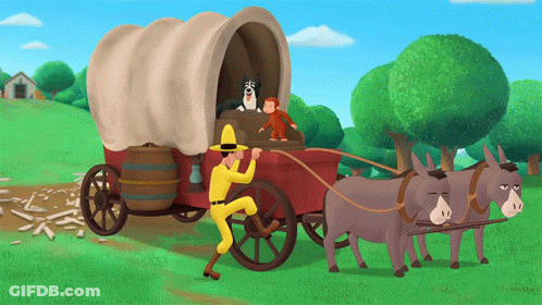 Man In Yellow Hat Pulling Wagon With Donkeys GIF