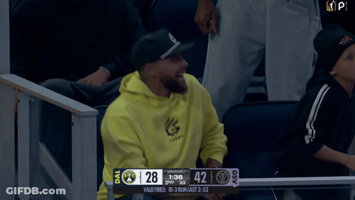 Man In Yellow Hoodie Laughing At Basketball GIF