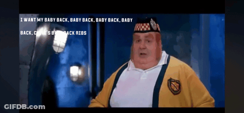 Man In Yellow Jacket Saying I Want My Baby Back Baby Back Baby Back Baby Back Ribs GIF