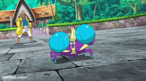 Man In Yellow Jacket Standing Next To Blue Crab GIF
