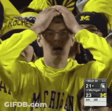 Man In Yellow Michigan Shirt Holding Head In Hands GIF