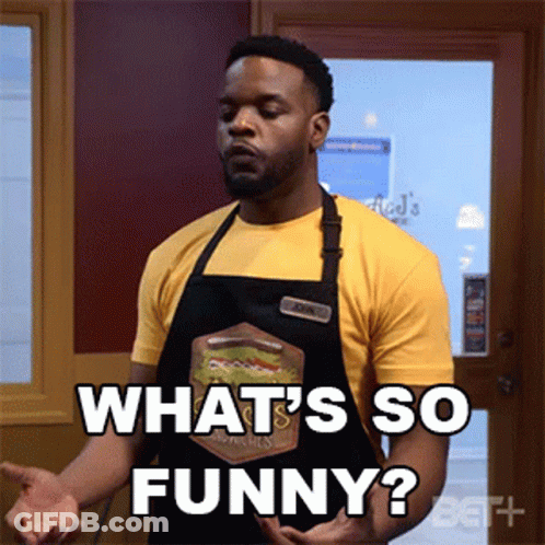 Man In Yellow Shirt And Apron Saying What's So Funny GIF