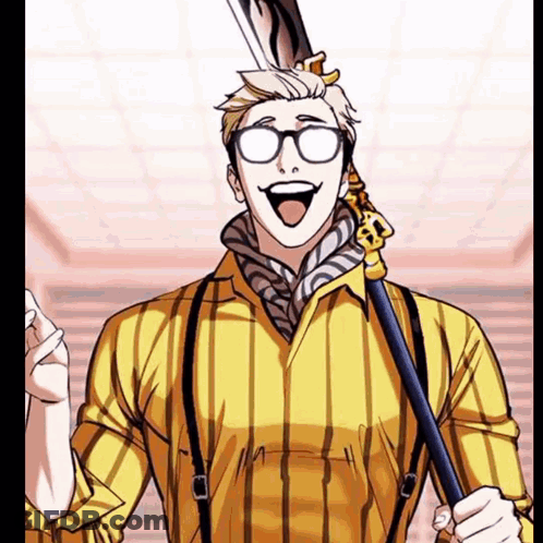 Man In Yellow Shirt And Suspenders Holding Sword Smiling GIF