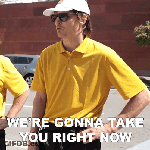 Man In Yellow Shirt And White Hat Saying We're Gonna Take You Right Now GIF