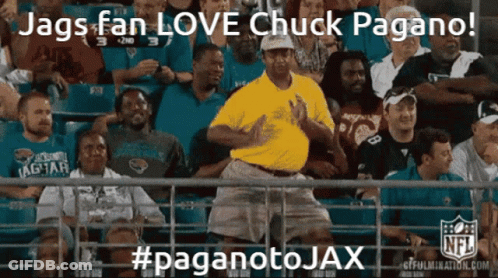 Man In Yellow Shirt Dancing In Crowd Jags Fan Love Chuck Pagano Paganotojax GIF