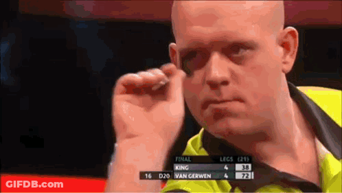 Man In Yellow Shirt Holding Dart Against King Van Gerwen GIF