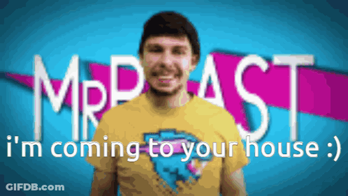 Man In Yellow Shirt In Front Of Mr. Beast Logo GIF