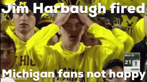 Man In Yellow Shirt Jim Harbaugh Fired Michigan Fans Not Happy GIF